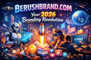Berushbrand.com 2026 branding revolution illustration featuring futuristic city, digital marketing, AI technology, and modern brand growth concepts