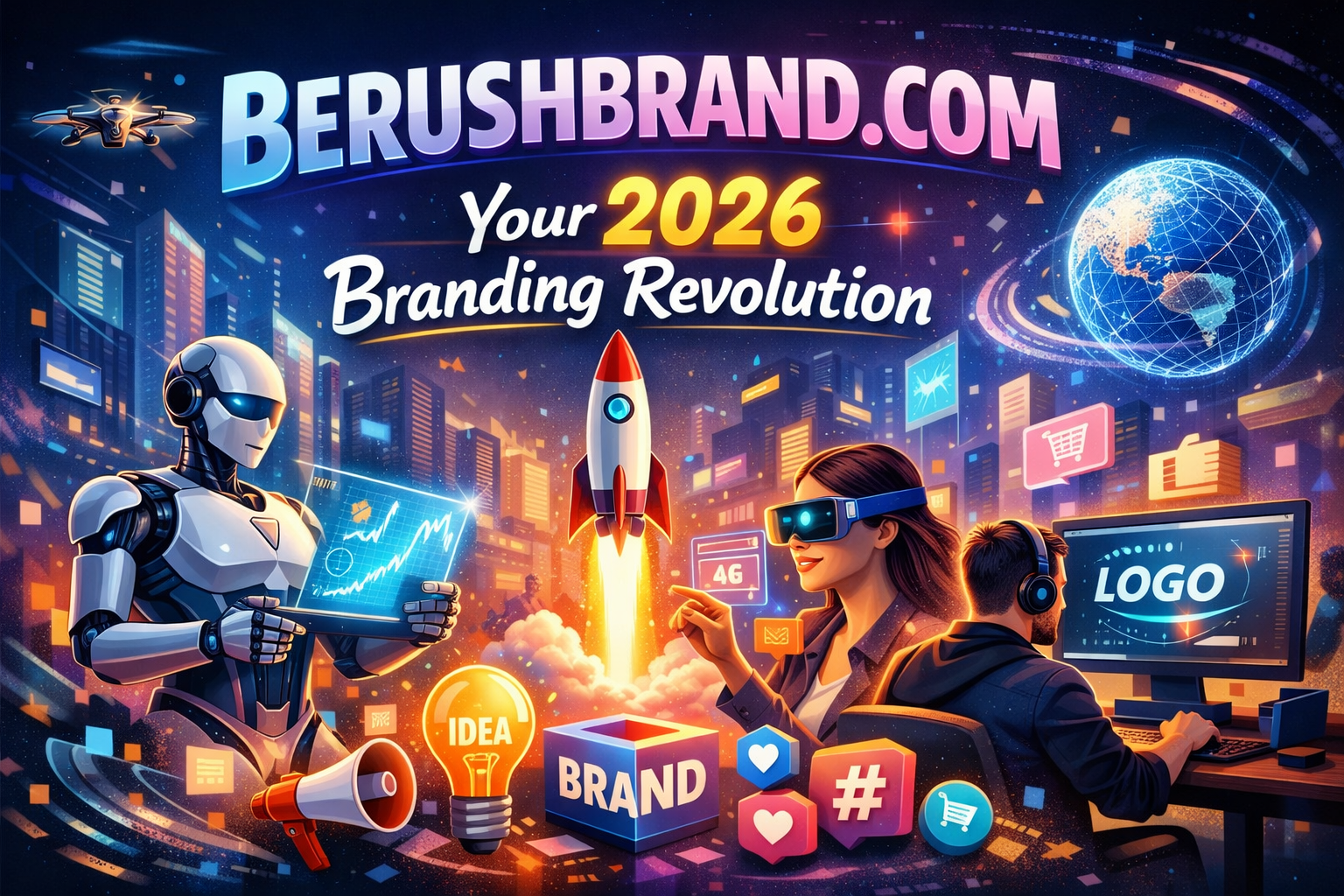 Berushbrand.com 2026 branding revolution illustration featuring futuristic city, digital marketing, AI technology, and modern brand growth concepts