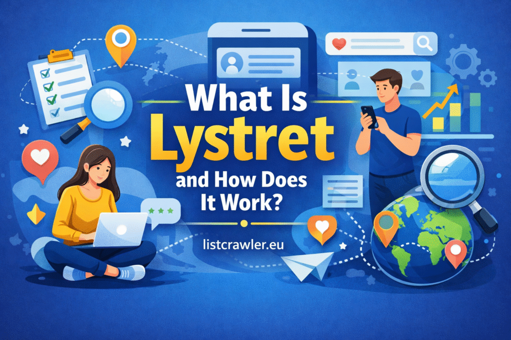 "Illustration of two people using laptop and smartphone surrounded by digital icons, maps, and charts for understanding Lystret and how it works – listcrawler.eu"