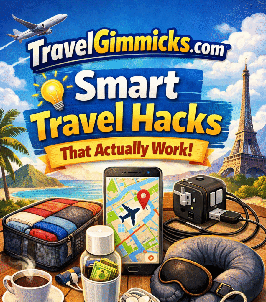 TravelGimmicks.com featured image showing smart travel hacks, packing tips, gadgets, and money-saving travel essentials