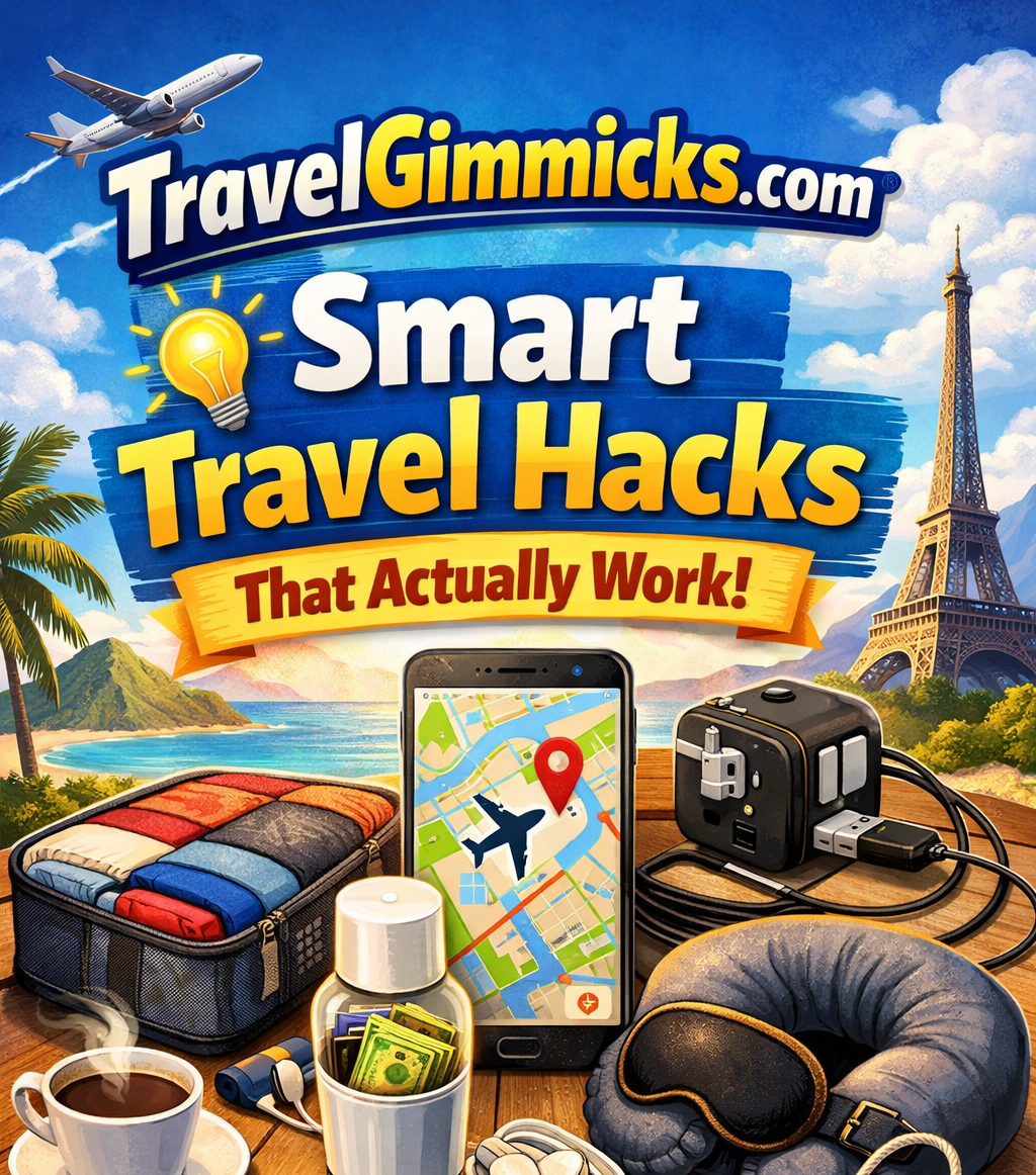TravelGimmicks.com featured image showing smart travel hacks, packing tips, gadgets, and money-saving travel essentials