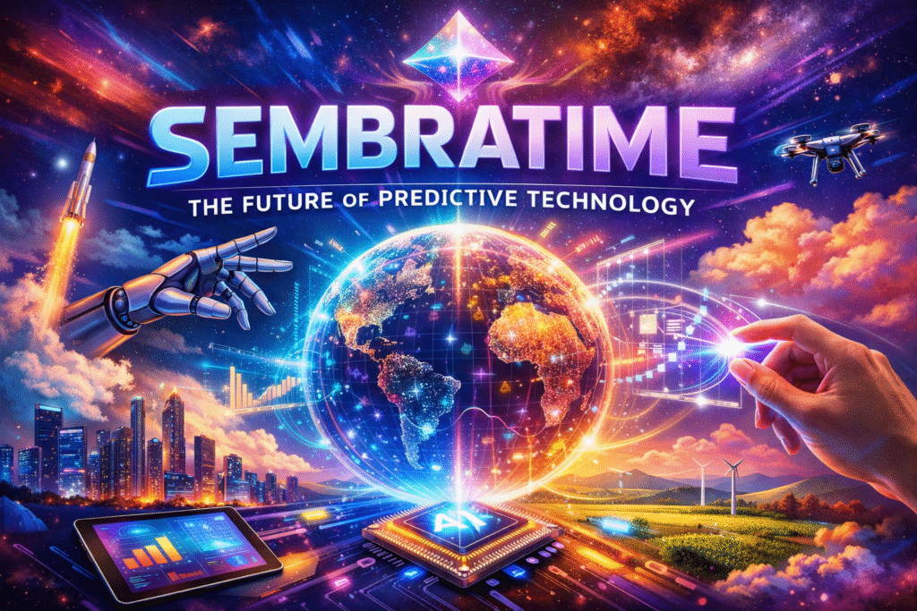 Colorful futuristic illustration showing AI predictive technology concept with digital globe, data analytics interface, smart city, and advanced technology elements representing Sembratime innovation.