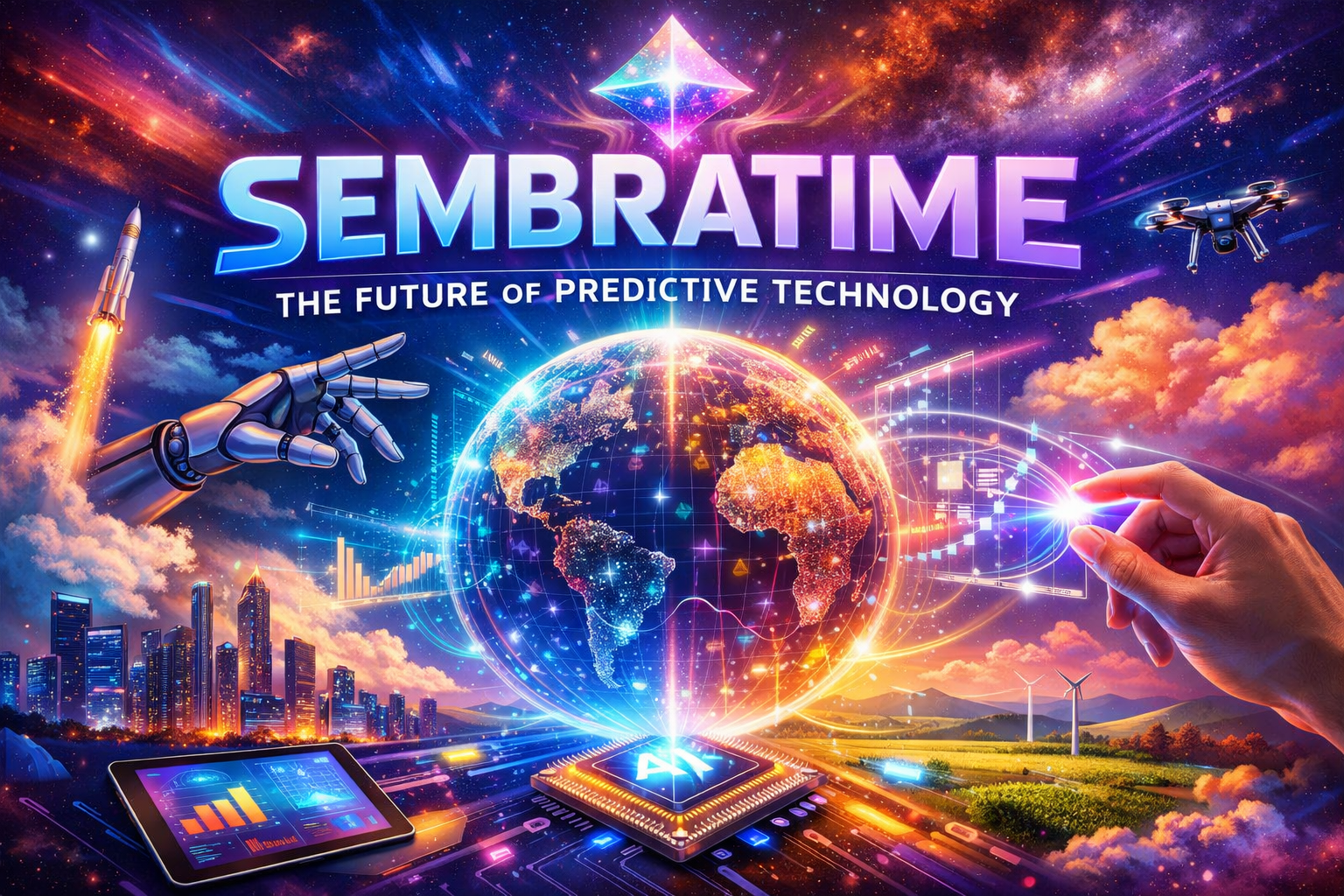 Colorful futuristic illustration showing AI predictive technology concept with digital globe, data analytics interface, smart city, and advanced technology elements representing Sembratime innovation.